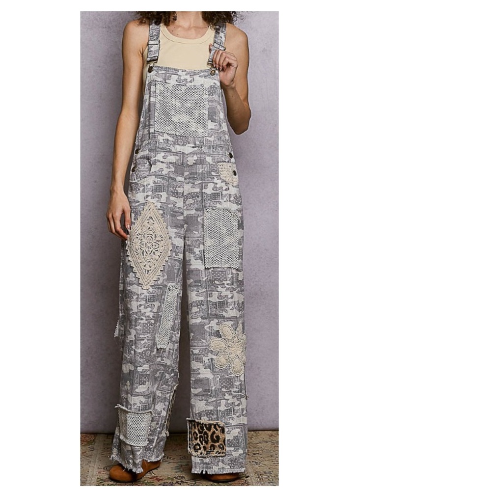 POL Gray Patchwork Wide Leg Overalls in Almond Camo